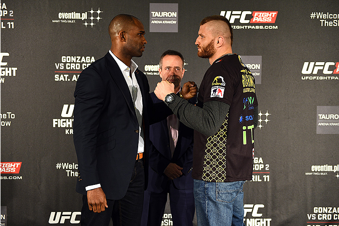 KRAKOW, POLAND - APRIL 08:  Jimi Manuwa of England (L) and Jan Blachowicz face off for the media during the UFC Fight Night Ultimate Media Day inside the TAURON Arena on April 8, 2015 in Krakow, Poland. (Photo by Jeff Bottari/Zuffa LLC/Zuffa LLC via Getty