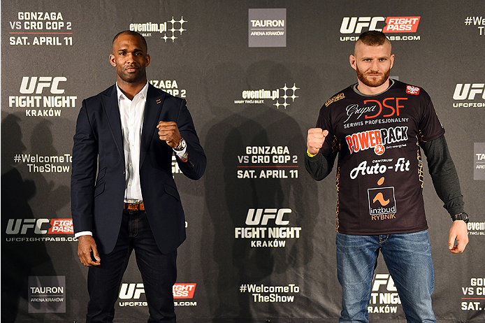 KRAKOW, POLAND - APRIL 08: Jimi Manuwa of England (L) and Jan Blachowicz interact with the media during the UFC Fight Night Ultimate Media Day inside the TAURON Arena on April 8, 2015 in Krakow, Poland. (Photo by Jeff Bottari/Zuffa LLC/Zuffa LLC via Gett