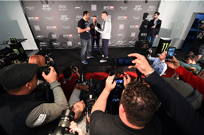 KRAKOW, POLAND - APRIL 08:  Gabriel Gonzaga of Brazil (L) and Mirko Cro Cop of Croatia face off for the media during the UFC Fight Night Ultimate Media Day inside the TAURON Arena on April 8, 2015 in Krakow, Poland. (Photo by Jeff Bottari/Zuffa LLC/Zuffa 