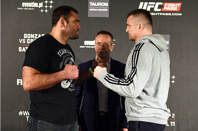 KRAKOW, POLAND - APRIL 08: Gabriel Gonzaga of Brazil (L) and Mirko Cro Cop of Croatia face off for the media during the UFC Fight Night Ultimate Media Day inside the TAURON Arena on April 8, 2015 in Krakow, Poland. (Photo by Jeff Bottari/Zuffa LLC/Zuffa