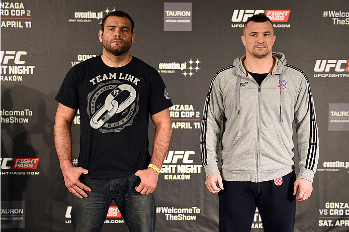 KRAKOW, POLAND - APRIL 08: Gabriel Gonzaga of Brazil (L) and Mirko Cro Cop of Croatia interact with media during the UFC Fight Night Ultimate Media Day inside the TAURON Arena on April 8, 2015 in Krakow, Poland. (Photo by Jeff Bottari/Zuffa LLC/Zuffa LLC