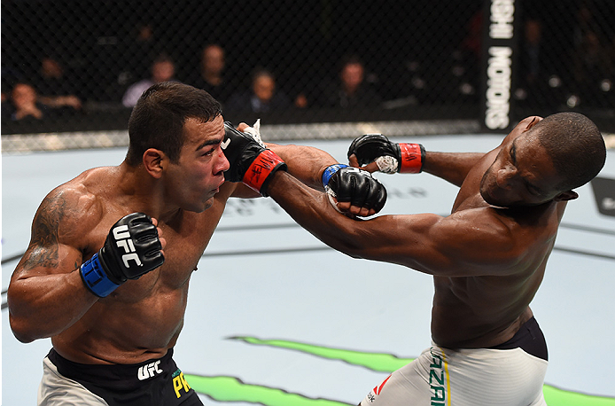 MONTERREY, MEXICO - NOVEMBER 21: (L-R) Michel Prazeres of Brazil punches Valmir Lazaro of Brazil in their lightweight bout during the UFC Fight Night event at Arena Monterrey on November 21, 2015 in Monterrey, Mexico. (Photo by Jeff Bottari/Zuffa LLC/Zu