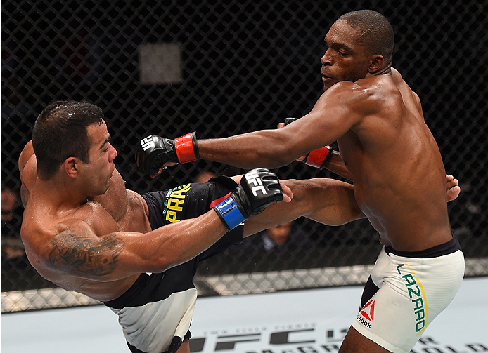 MONTERREY, MEXICO - NOVEMBER 21:  (L-R) Michel Prazeres of Brazil kicks Valmir Lazaro of Brazil in their lightweight bout during the UFC Fight Night event at Arena Monterrey on November 21, 2015 in Monterrey, Mexico.  (Photo by Jeff Bottari/Zuffa LLC/Zuff