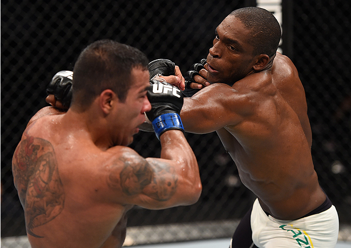MONTERREY, MEXICO - NOVEMBER 21: (R-L) Valmir Lazaro of Brazil punches Michel Prazeres of Brazil in their lightweight bout during the UFC Fight Night event at Arena Monterrey on November 21, 2015 in Monterrey, Mexico. (Photo by Jeff Bottari/Zuffa LLC/Zu