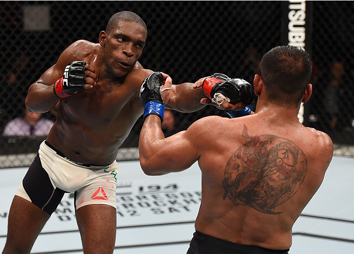 MONTERREY, MEXICO - NOVEMBER 21: (L-R) Valmir Lazaro of Brazil punches Michel Prazeres of Brazil in their lightweight bout during the UFC Fight Night event at Arena Monterrey on November 21, 2015 in Monterrey, Mexico. (Photo by Jeff Bottari/Zuffa LLC/Zu