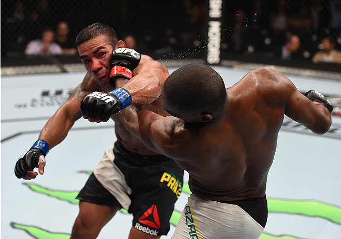 MONTERREY, MEXICO - NOVEMBER 21: (L-R) Michel Prazeres of Brazil punches Valmir Lazaro of Brazil in their lightweight bout during the UFC Fight Night event at Arena Monterrey on November 21, 2015 in Monterrey, Mexico. (Photo by Jeff Bottari/Zuffa LLC/Zu