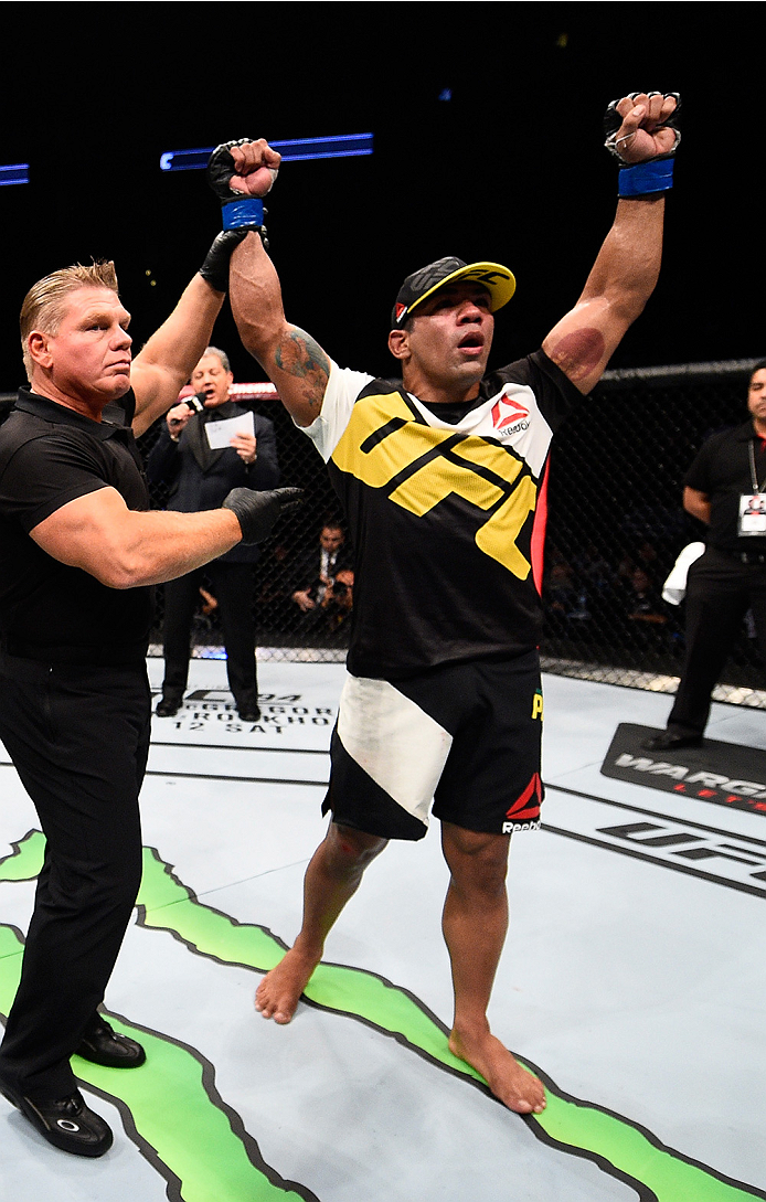 MONTERREY, MEXICO - NOVEMBER 21: Michel Prazeres of Brazil celebrates after his split-decision victory over Valmir Lazaro of Brazil in their lightweight bout during the UFC Fight Night event at Arena Monterrey on November 21, 2015 in Monterrey, Mexico.