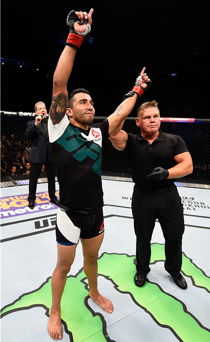 MONTERREY, MEXICO - NOVEMBER 21: Alejandro Perez of Mexico celebrates after his TKO victory over Scott Jorgensen of the United States in their bantamweight bout during the UFC Fight Night event at Arena Monterrey on November 21, 2015 in Monterrey, Mexico