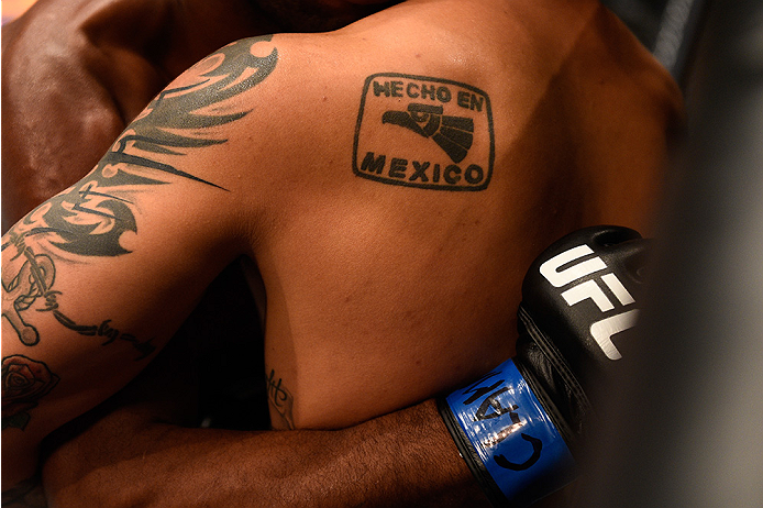 MONTERREY, MEXICO - NOVEMBER 21:  (R-L) Efrain Escudero of Mexico and Leandro Silva of Brazil grapple against the cage in their lightweight bout during the UFC Fight Night event at Arena Monterrey on November 21, 2015 in Monterrey, Mexico.  (Photo by Jeff