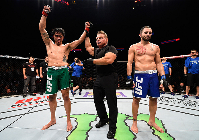 MONTERREY, MEXICO - NOVEMBER 21: Erick Montano of Mexico celebrates after his victory over Enrique Marin of Spain in their welterweight bout during the UFC Fight Night event at Arena Monterrey on November 21, 2015 in Monterrey, Mexico. (Photo by Jeff Bo