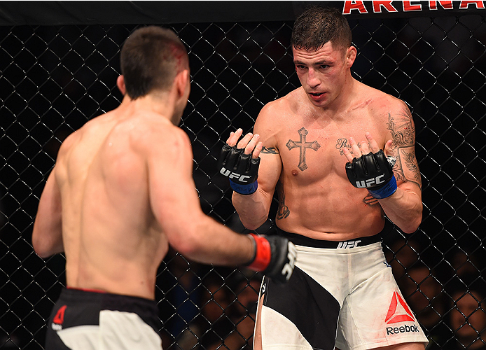 MONTERREY, MEXICO - NOVEMBER 21:  (R-L) Diego Sanchez of the United States taunts Ricardo Lamas of the United States in their featherweight bout during the UFC Fight Night event at Arena Monterrey on November 21, 2015 in Monterrey, Mexico.  (Photo by Jeff