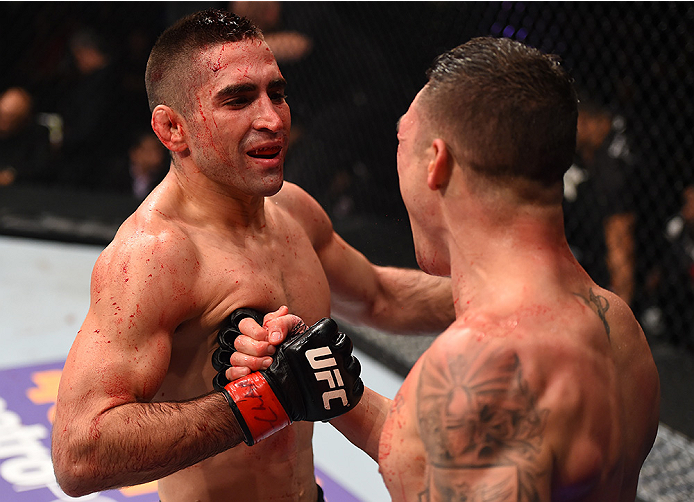 MONTERREY, MEXICO - NOVEMBER 21: (L-R) Opponents Ricardo Lamas of the United States and Diego Sanchez of the United States shake hands after their featherweight bout during the UFC Fight Night event at Arena Monterrey on November 21, 2015 in Monterrey, M