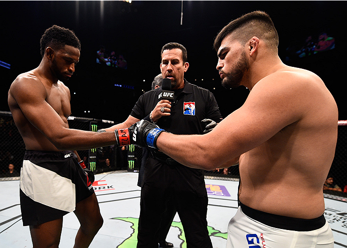 MONTERREY, MEXICO - NOVEMBER 21:  (L-R) Opponents Neil Magny of the United States and Kelvin Gastelum of the United States touch gloves before their welterweight bout during the UFC Fight Night event at Arena Monterrey on November 21, 2015 in Monterrey, M