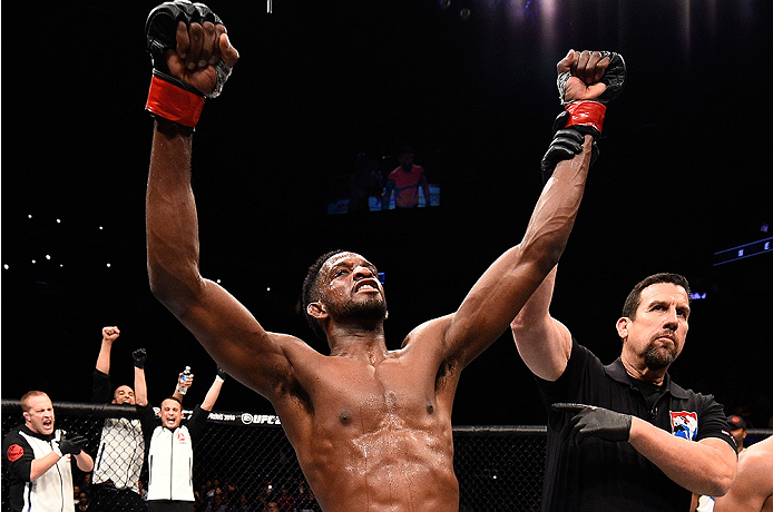 MONTERREY, MEXICO - NOVEMBER 21: Neil Magny of the United States celebrates after his split-decision victory over Kelvin Gastelum of the United States in their welterweight bout during the UFC Fight Night event at Arena Monterrey on November 21, 2015 in