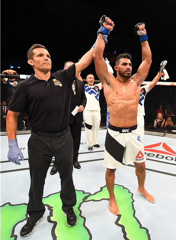 SAN DIEGO, CA - JULY 15:   Lyman Good celebrates his victory over Andrew Craig in their middleweight bout during the UFC event at the Valley View Casino Center on July 15, 2015 in San Diego, California. (Photo by Jeff Bottari/Zuffa LLC/Zuffa LLC via Getty