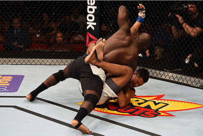 SAN DIEGO, CA - JULY 15:  Kevin Casey (top) punches Ildemar Alcantara of Brazil in their middleweight bout during the UFC event at the Valley View Casino Center on July 15, 2015 in San Diego, California. (Photo by Jeff Bottari/Zuffa LLC/Zuffa LLC via Gett