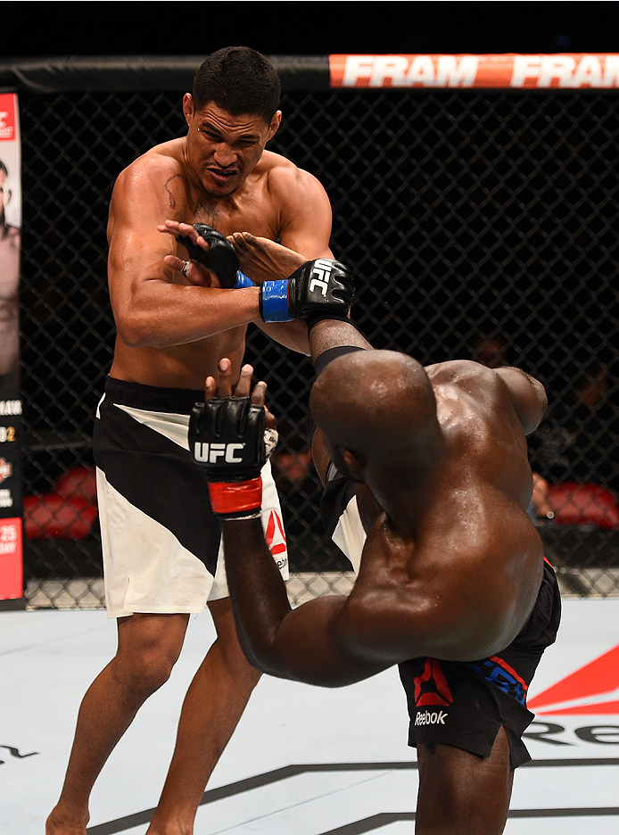 SAN DIEGO, CA - JULY 15: (R-L) Kevin Casey kicks Ildemar Alcantara of Brazil in their middleweight bout during the UFC event at the Valley View Casino Center on July 15, 2015 in San Diego, California. (Photo by Jeff Bottari/Zuffa LLC/Zuffa LLC via Getty