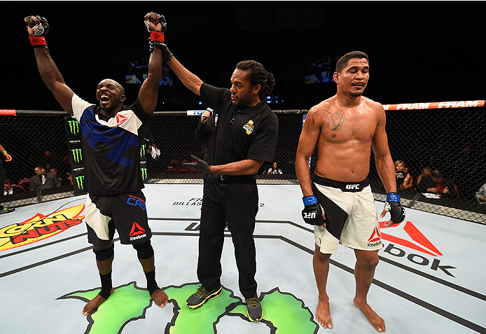 SAN DIEGO, CA - JULY 15:  (L-R) Kevin Casey celebrates his victory over Ildemar Alcantara of Brazil in their middleweight bout during the UFC event at the Valley View Casino Center on July 15, 2015 in San Diego, California. (Photo by Jeff Bottari/Zuffa LL