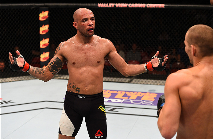 SAN DIEGO, CA - JULY 15:   (L-R) Igor Araujo of Brazil taunts Sean Strickland in their welterweight bout during the UFC event at the Valley View Casino Center on July 15, 2015 in San Diego, California. (Photo by Jeff Bottari/Zuffa LLC/Zuffa LLC via Getty 