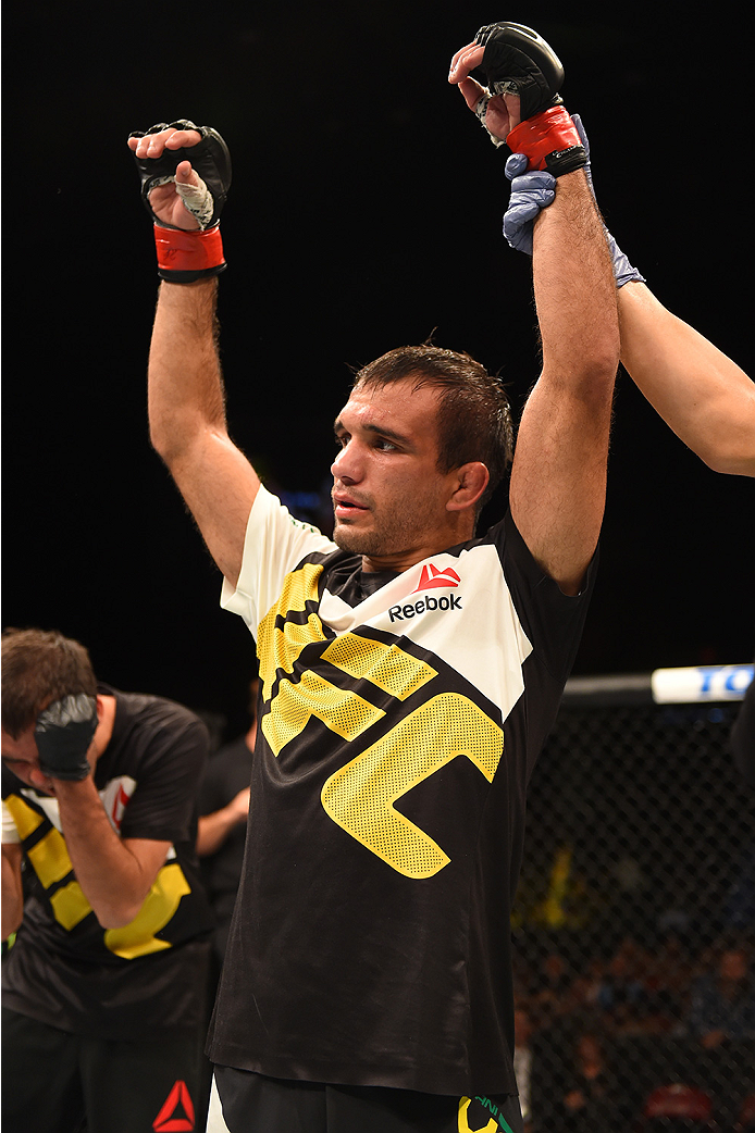 SAN DIEGO, CA - JULY 15:  Rani Yahya of Brazil celebrates his victory over Masanori Kanehara of Japan in their bantamweight bout during the UFC event at the Valley View Casino Center on July 15, 2015 in San Diego, California. (Photo by Jeff Bottari/Zuffa 