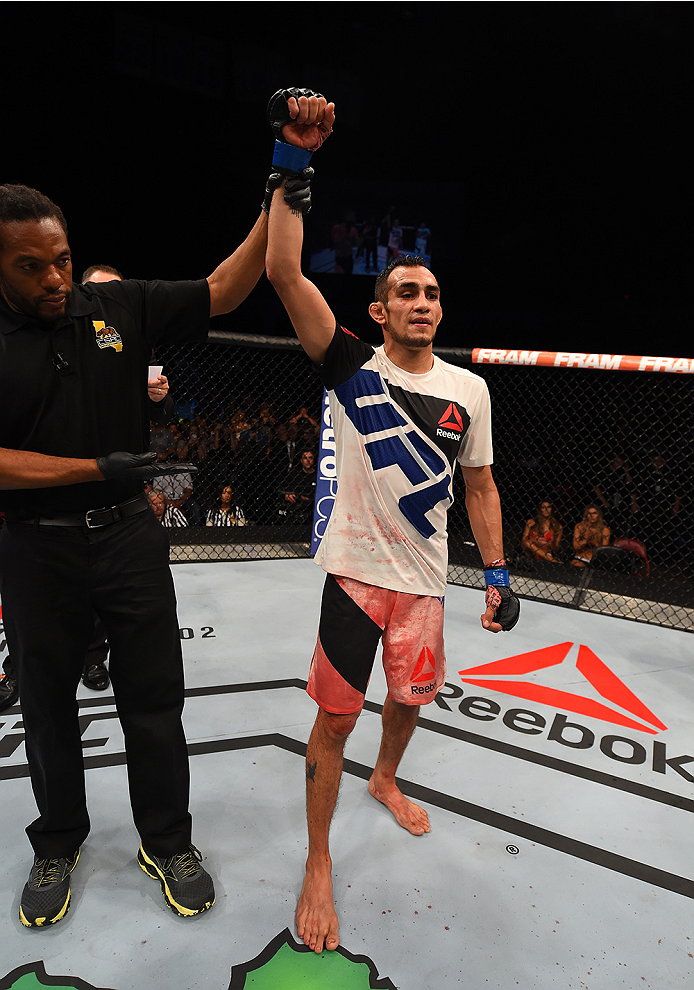 SAN DIEGO, CA - JULY 15: Tony Ferguson celebrates his victory over Josh Thomson in their lightweight bout during the UFC event at the Valley View Casino Center on July 15, 2015 in San Diego, California. (Photo by Jeff Bottari/Zuffa LLC/Zuffa LLC via Gett