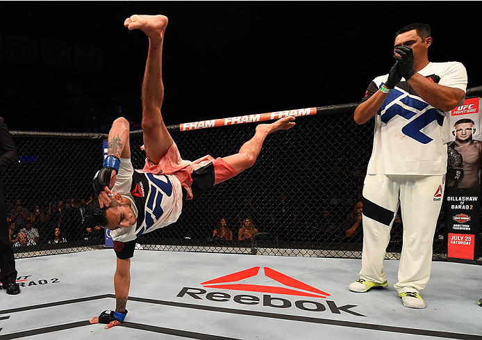 SAN DIEGO, CA - JULY 15: Tony Ferguson celebrates his victory over Josh Thomson in their lightweight bout during the UFC event at the Valley View Casino Center on July 15, 2015 in San Diego, California. (Photo by Jeff Bottari/Zuffa LLC/Zuffa LLC via Gett