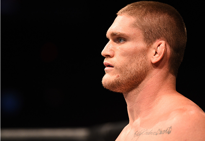 SAN DIEGO, CA - JULY 15:   Todd Duffee enters the Octagon before facing Frank Mir in their heavyweight bout during the UFC event at the Valley View Casino Center on July 15, 2015 in San Diego, California. (Photo by Jeff Bottari/Zuffa LLC/Zuffa LLC via Get