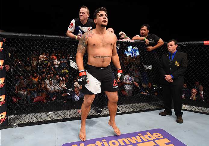 SAN DIEGO, CA - JULY 15: Frank Mir enters the Octagon before facing Todd Duffee in their heavyweight bout during the UFC event at the Valley View Casino Center on July 15, 2015 in San Diego, California. (Photo by Jeff Bottari/Zuffa LLC/Zuffa LLC via Get