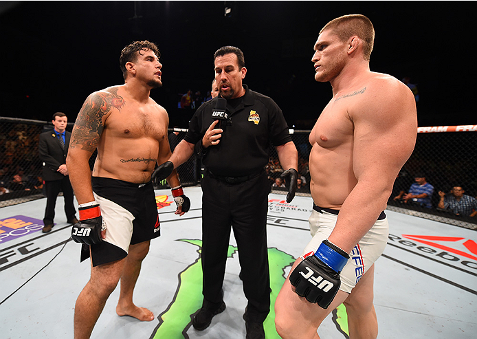 SAN DIEGO, CA - JULY 15:   (L-R) Frank Mir andTodd Duffee face off in their heavyweight bout during the UFC event at the Valley View Casino Center on July 15, 2015 in San Diego, California. (Photo by Jeff Bottari/Zuffa LLC/Zuffa LLC via Getty Images)