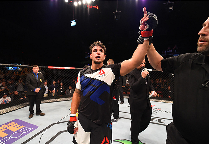 SAN DIEGO, CA - JULY 15:   Frank Mir celebrates his knockout victory over Todd Duffee in their heavyweight bout during the UFC event at the Valley View Casino Center on July 15, 2015 in San Diego, California. (Photo by Jeff Bottari/Zuffa LLC/Zuffa LLC via