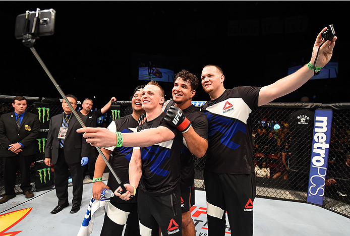 SAN DIEGO, CA - JULY 15:   Frank Mir celebrates his knockout victory over Todd Duffee in their heavyweight bout during the UFC event at the Valley View Casino Center on July 15, 2015 in San Diego, California. (Photo by Jeff Bottari/Zuffa LLC/Zuffa LLC via