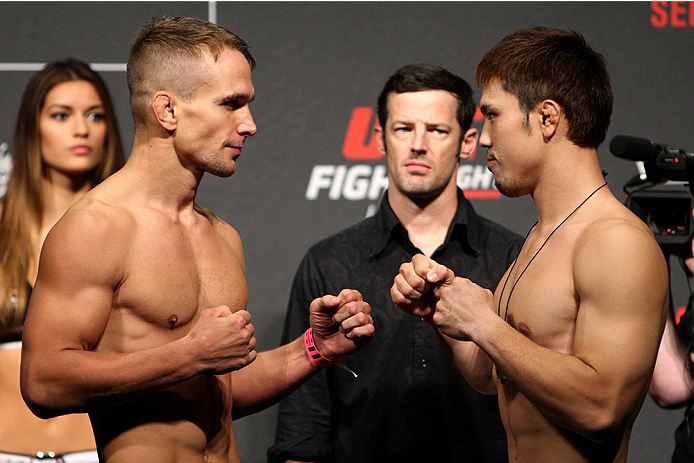 SAITAMA, JAPAN - SEPTEMBER 25: (L and R) Nick Hein and Yusuke Kasuya during the UFC weigh-in at the Saitama Super Arena on September 25, 2015 in Saitama, Japan. (Photo by Mitch Viquez/Zuffa LLC/Zuffa LLC via Getty Images)