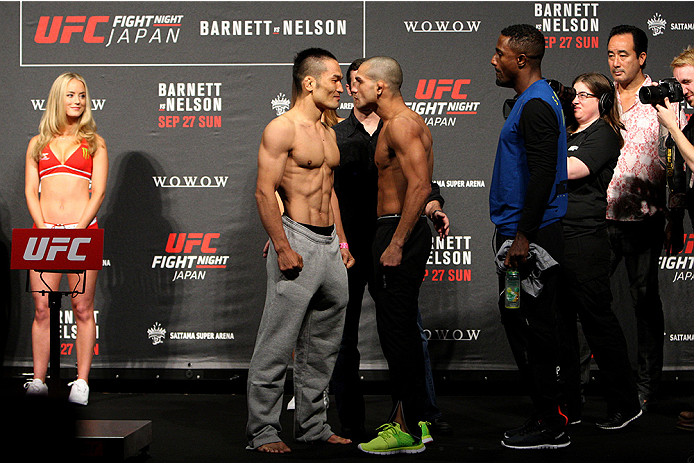 SAITAMA, JAPAN - SEPTEMBER 25: (L and R) Katsunori Kikuno and Diego Brandao during the UFC weigh-in at the Saitama Super Arena on September 25, 2015 in Saitama, Japan. (Photo by Mitch Viquez/Zuffa LLC/Zuffa LLC via Getty Images)