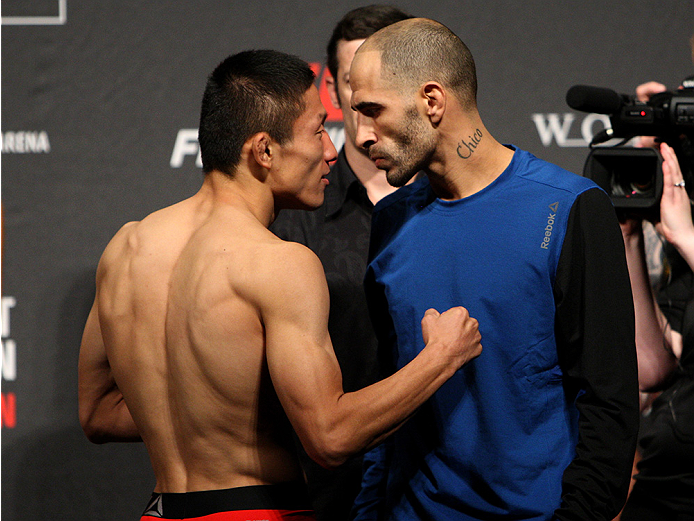 SAITAMA, JAPAN - SEPTEMBER 25: (L and R) Kyoji Horiguchi and during the UFC weigh-in at the Saitama Super Arena on September 25, 2015 in Saitama, Japan. (Photo by Mitch Viquez/Zuffa LLC/Zuffa LLC via Getty Images)