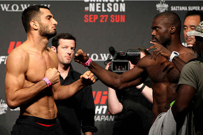 SAITAMA, JAPAN - SEPTEMBER 25: (L and R) Gegard Mousasi and Uriah Hall during the UFC weigh-in at the Saitama Super Arena on September 25, 2015 in Saitama, Japan. (Photo by Mitch Viquez/Zuffa LLC/Zuffa LLC via Getty Images)