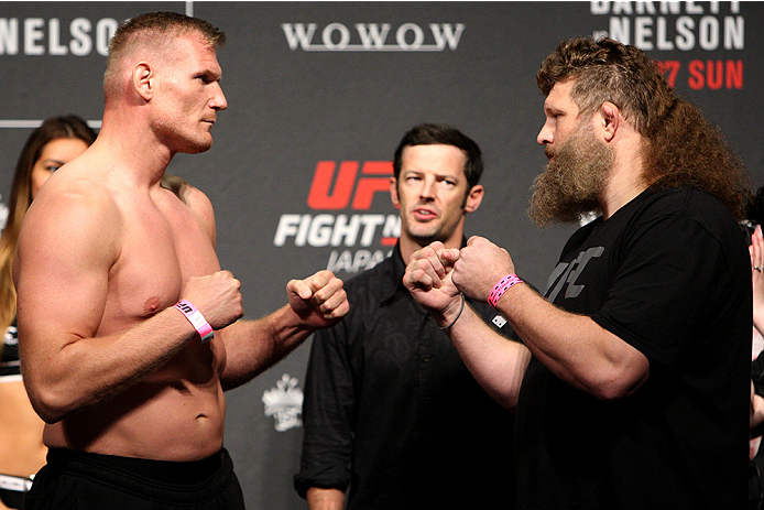 SAITAMA, JAPAN - SEPTEMBER 25: (L and R) Josh Barnett and Roy Nelson during the UFC weigh-in at the Saitama Super Arena on September 25, 2015 in Saitama, Japan. (Photo by Mitch Viquez/Zuffa LLC/Zuffa LLC via Getty Images)