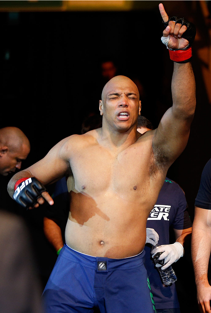 SAO PAULO, BRAZIL - MAY 31: Marcos Rogerio de Lima enters the arena before his heavyweight fight against Richardson Moreira during the UFC Fight Night event at the Ginasio do Ibirapuera on May 31, 2014 in Sao Paulo, Brazil. (Photo by Josh Hedges/Zuffa LLC