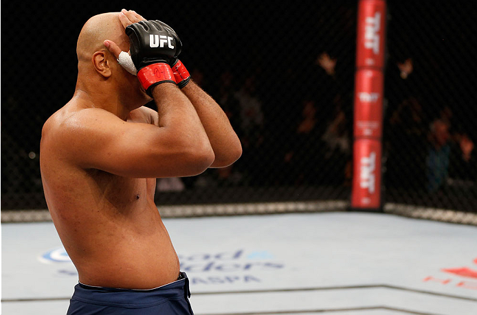 SAO PAULO, BRAZIL - MAY 31: Marcos Rogerio de Lima reacts after his knockout victory over Richardson Moreira in their heavyweight fight during the UFC Fight Night event at the Ginasio do Ibirapuera on May 31, 2014 in Sao Paulo, Brazil. (Photo by Josh Hedg