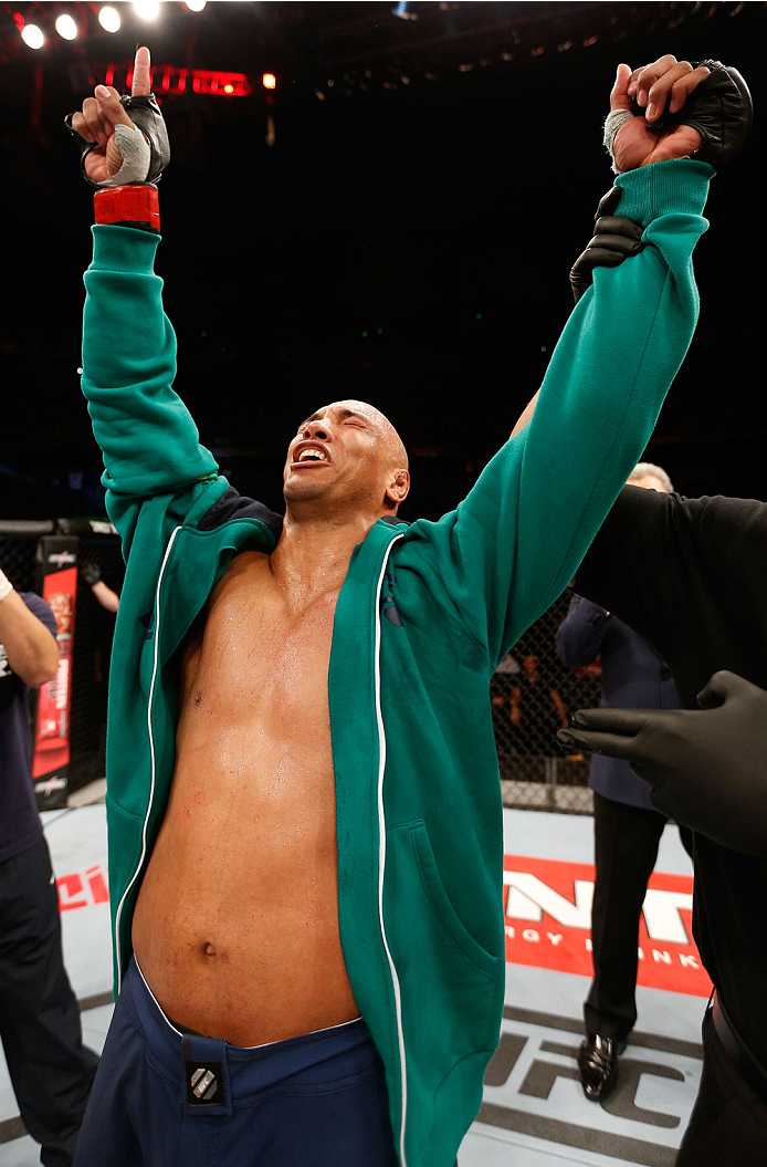 SAO PAULO, BRAZIL - MAY 31: Marcos Rogerio de Lima reacts after his knockout victory over Richardson Moreira in their heavyweight fight during the UFC Fight Night event at the Ginasio do Ibirapuera on May 31, 2014 in Sao Paulo, Brazil. (Photo by Josh Hedg