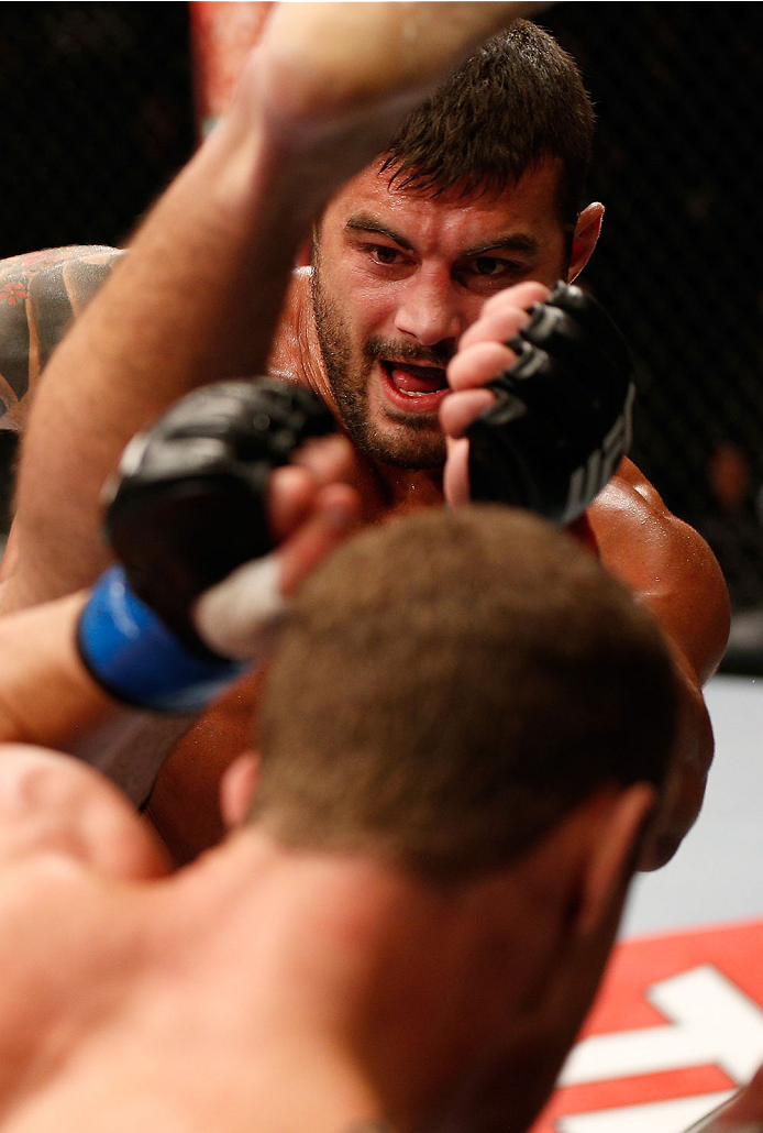 SAO PAULO, BRAZIL - MAY 31: Ricardo Abreu kicks Wagner Silva in their middleweight fight during the UFC Fight Night event at the Ginasio do Ibirapuera on May 31, 2014 in Sao Paulo, Brazil. (Photo by Josh Hedges/Zuffa LLC/Zuffa LLC via Getty Images)