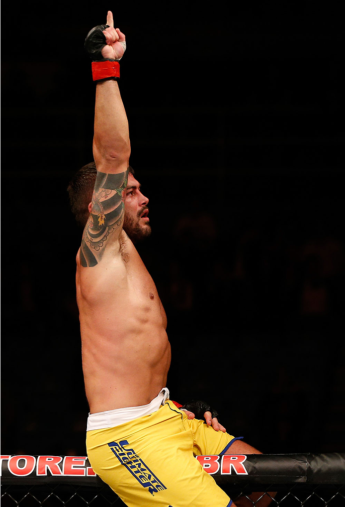 SAO PAULO, BRAZIL - MAY 31: Ricardo Abreu reacts after his victory over Wagner Silva in their middleweight fight during the UFC Fight Night event at the Ginasio do Ibirapuera on May 31, 2014 in Sao Paulo, Brazil. (Photo by Josh Hedges/Zuffa LLC/Zuffa LLC