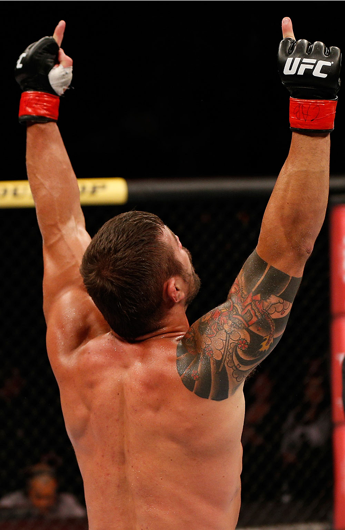 SAO PAULO, BRAZIL - MAY 31: Ricardo Abreu reacts after his victory over Wagner Silva in their middleweight fight during the UFC Fight Night event at the Ginasio do Ibirapuera on May 31, 2014 in Sao Paulo, Brazil. (Photo by Josh Hedges/Zuffa LLC/Zuffa LLC 