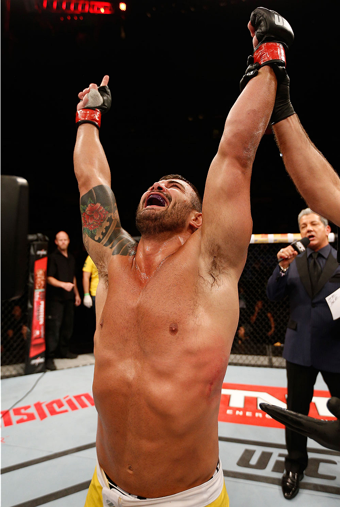 SAO PAULO, BRAZIL - MAY 31: Ricardo Abreu reacts after his victory over Wagner Silva in their middleweight fight during the UFC Fight Night event at the Ginasio do Ibirapuera on May 31, 2014 in Sao Paulo, Brazil. (Photo by Josh Hedges/Zuffa LLC/Zuffa LLC