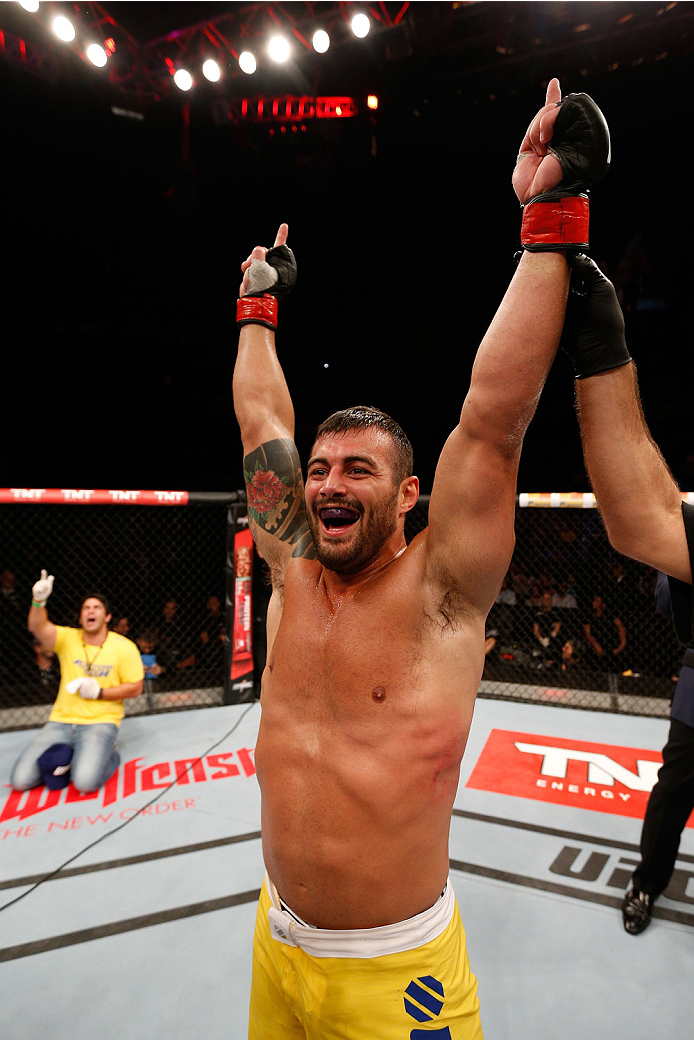 SAO PAULO, BRAZIL - MAY 31: Ricardo Abreu reacts after his victory over Wagner Silva in their middleweight fight during the UFC Fight Night event at the Ginasio do Ibirapuera on May 31, 2014 in Sao Paulo, Brazil. (Photo by Josh Hedges/Zuffa LLC/Zuffa LLC