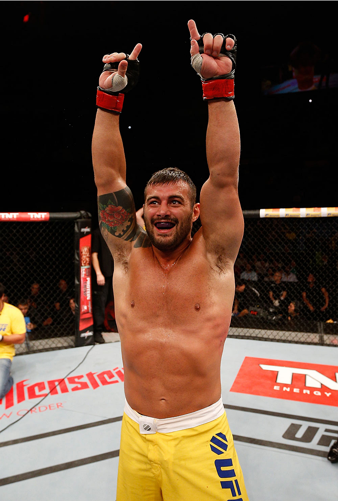 SAO PAULO, BRAZIL - MAY 31: Ricardo Abreu reacts after his victory over Wagner Silva in their middleweight fight during the UFC Fight Night event at the Ginasio do Ibirapuera on May 31, 2014 in Sao Paulo, Brazil. (Photo by Josh Hedges/Zuffa LLC/Zuffa LLC