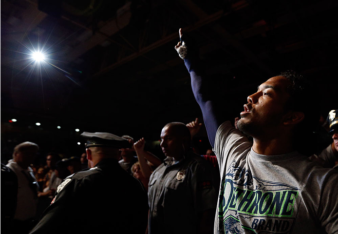 ALBUQUERQUE, NM - JUNE 07:  Benson Henderson enters the arena before his lightweight fight against Rustam Khabilov during the UFC Fight Night event at Tingley Coliseum on June 7, 2014 in Albuquerque, New Mexico.  (Photo by Josh Hedges/Zuffa LLC/Zuffa LLC 