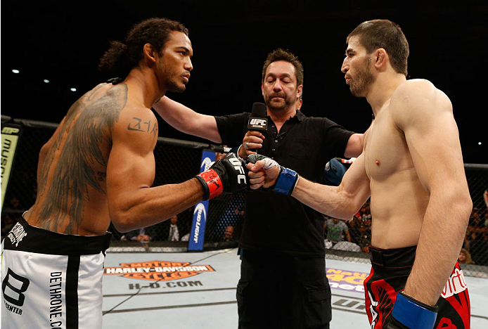 ALBUQUERQUE, NM - JUNE 07:  (L-R) Opponents Benson Henderson and Rustam Khabilov face off before their lightweight fight during the UFC Fight Night event at Tingley Coliseum on June 7, 2014 in Albuquerque, New Mexico.  (Photo by Josh Hedges/Zuffa LLC/Zuff