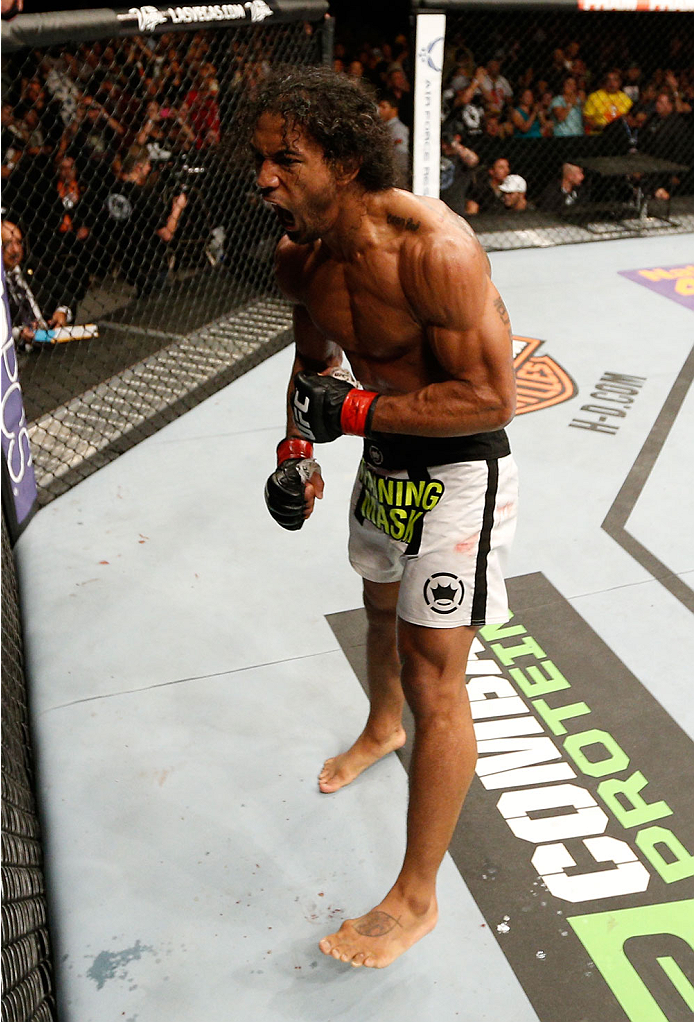 ALBUQUERQUE, NM - JUNE 07:  Benson Henderson reacts after his submission victory over Rustam Khabilov in their lightweight fight during the UFC Fight Night event at Tingley Coliseum on June 7, 2014 in Albuquerque, New Mexico.  (Photo by Josh Hedges/Zuffa 