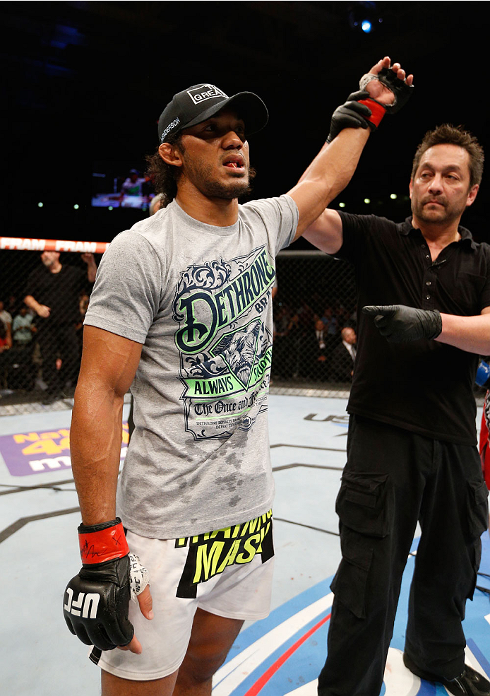 ALBUQUERQUE, NM - JUNE 07:  Benson Henderson reacts after his submission victory over Rustam Khabilov in their lightweight fight during the UFC Fight Night event at Tingley Coliseum on June 7, 2014 in Albuquerque, New Mexico.  (Photo by Josh Hedges/Zuffa 