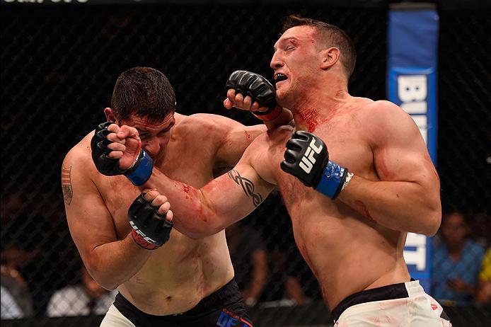 LAS VEGAS, NV - MAY 29: (R-L) Adam Milstead punches Chris De La Rocha in their heavyweight bout during the UFC Fight Night event inside the Mandalay Bay Events Center on May 29, 2016 in Las Vegas, Nevada. (Photo by Josh Hedges/Zuffa LLC/Zuffa LLC via Get